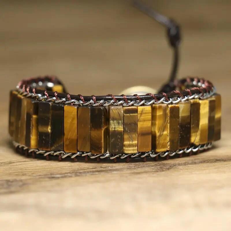 

Кожаный браслет с прямоугольной бусиной Тигровый глаз – Плетеная металлическая цепочка, Бохо-украшение, Регулируемый, Подарок для защиты для мужчин и женщин разноцветный