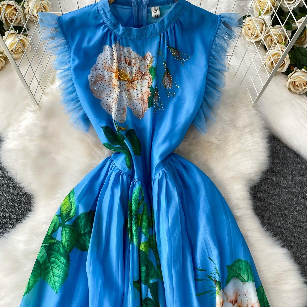 Summer Women Flying Sleeve Print Bling Diamonds Flower Long Maxi Holiday Seaside Dresses