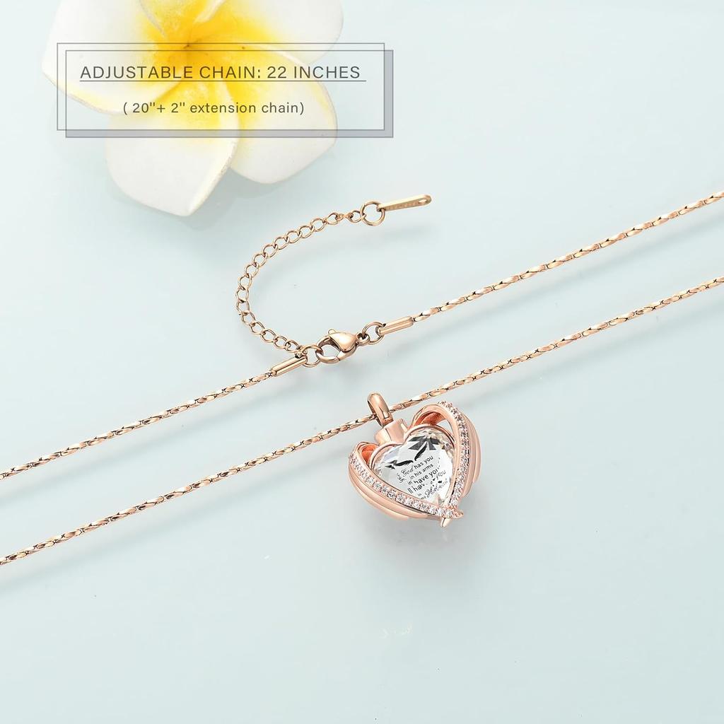 Imrsanl Angel Wing Heart Urn Pendant Necklaces for Women Girls Crystal Birthstone Cremation Jewelry Urns for Human Ashes Memorial Locket Keepsake