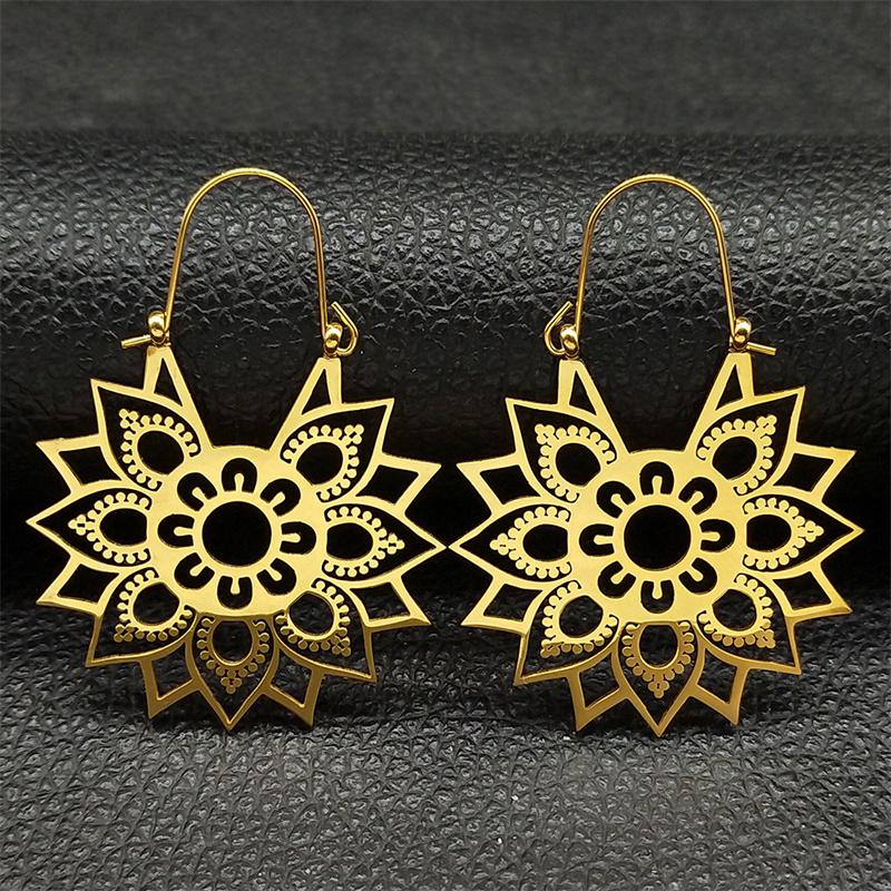 Trendy Yoga Lotus Flower Earrings Stainless Steel Gold Color Hoop Earrings for Women Jewelry boucles d'oreilles E9360S01