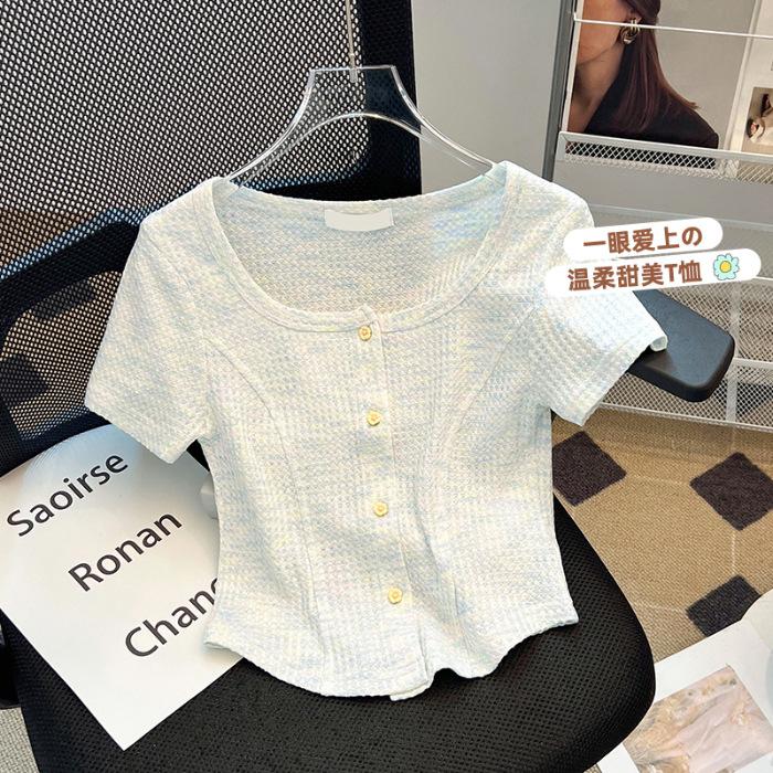 Sweet u-neck short-sleeved front-shoulder t-shirt women's 2026 summer new pure desire slim-fit Spice Girl short small cardigan top tide