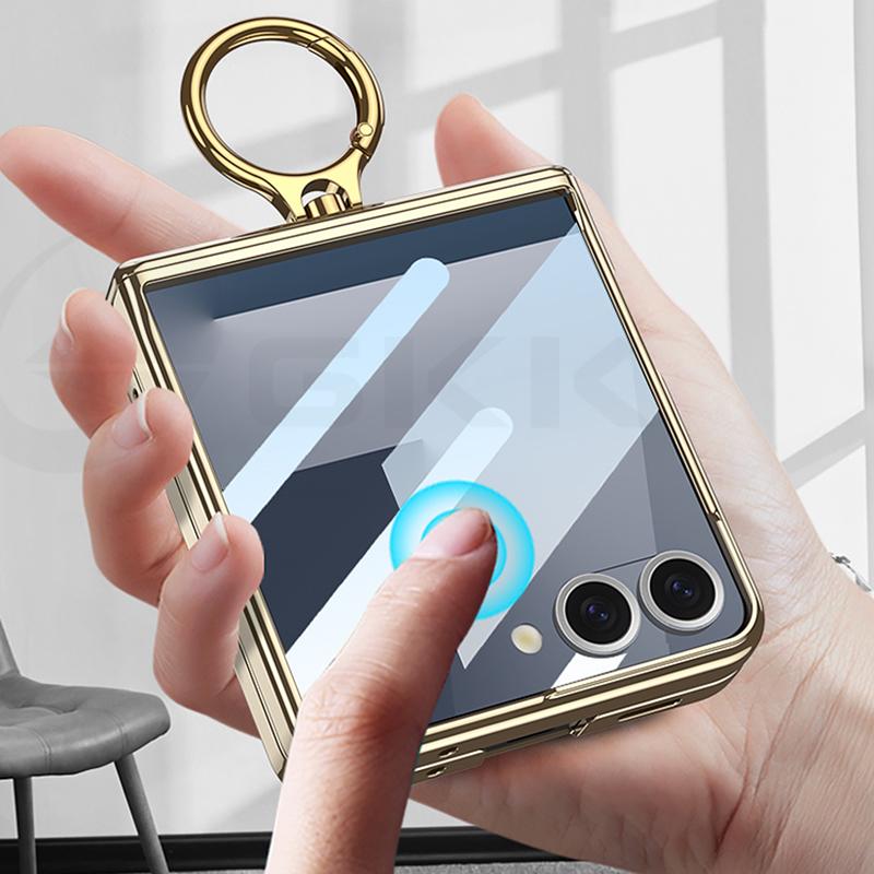 Luxury Plating Magnetic Hinge Case for Samsung Galaxy Z Flip 7 6 5 Screen Glass Ring Holder Hard Cover for Galaxy Z Flip7 Case