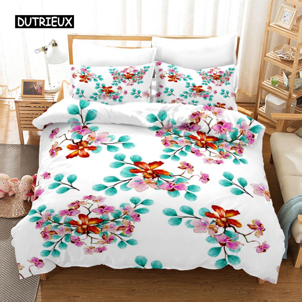Bettbezug-Set mit Blumenmuster, tropisches Bettwäsche-Set mit Blumenmuster, tropische Blumen und Blätter für Kinder und Teenager, Polyester, Doppelbett, Queensize-Bett, Kingsize-Bettbezug