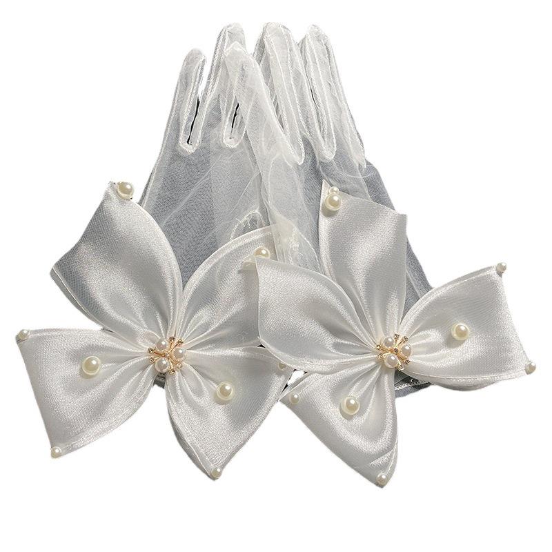 Lace Pearl Satin Bridal Gloves - Short Wedding Photo Accessory
