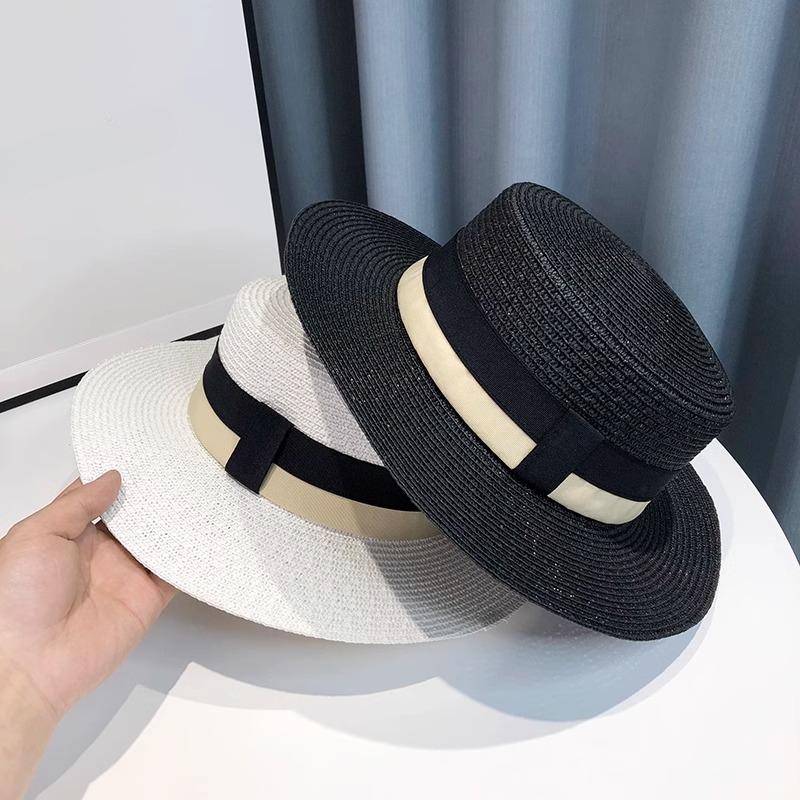 Braided Flat Top Straw Hat - UV Protection, Summer Vacation Style with Letter Logo for Men and Women