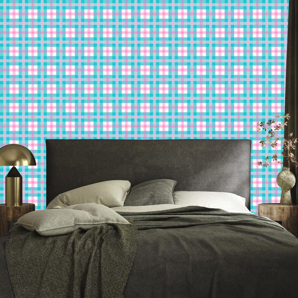 Pink and blue checkered wallpaper, celadon and powder pink, 50x1000