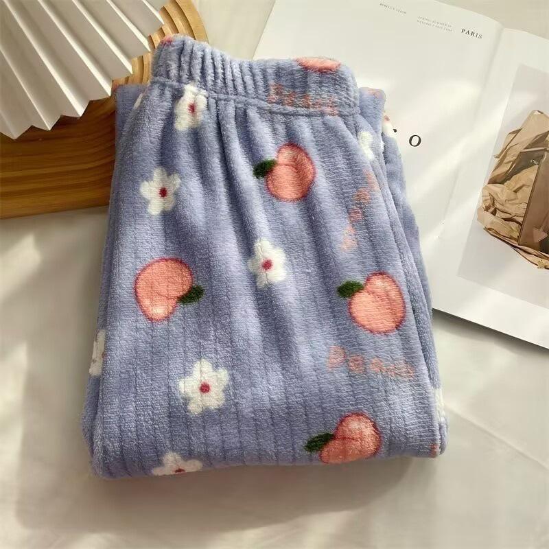 Women's 2025 Peach & Bear Print Coral Fleece Pajama Pants - Warm, Thickened, Casual Homewear for Autumn/Winter