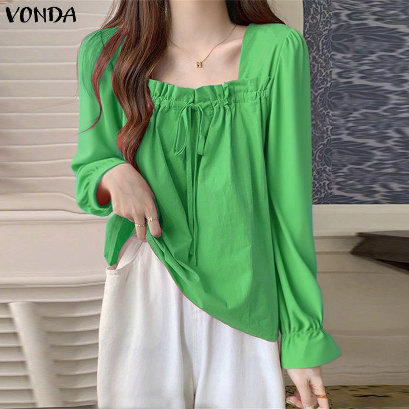VONDA Women Square Collar Long Sleeve Lace-up Solid Elegant Blouses Tops