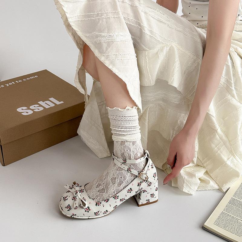 Shallow thick heel single shoes Mary Jane shoes women's 2025 spring new fairy style small man height increase French bow