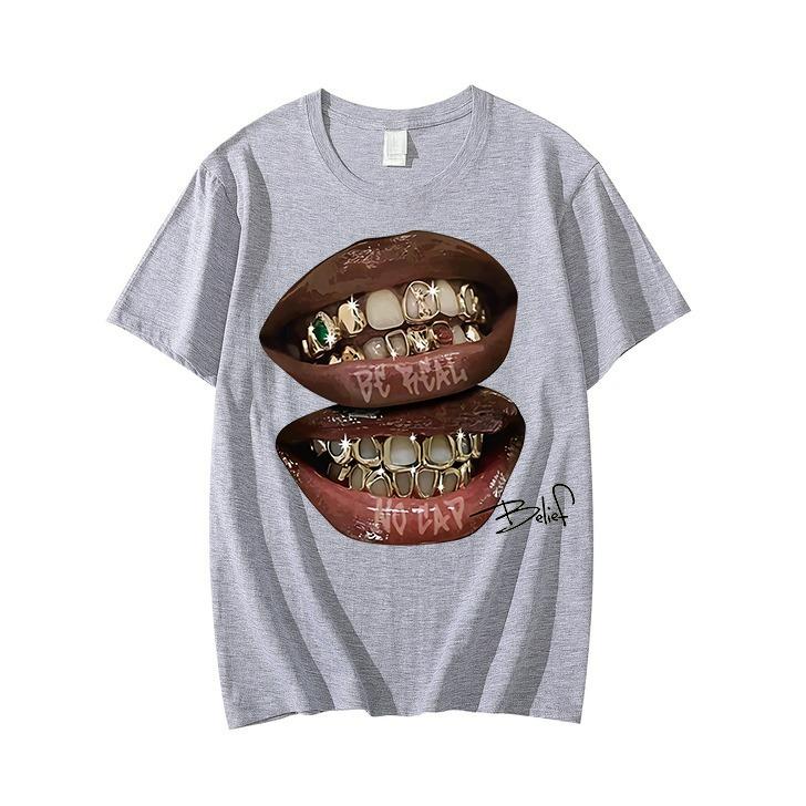 Chic Lips Golden Teeth Vintage Tee Rock Goth Casual Summer Short Sleeve High Street Oversized T Shirt Harajuku Graphic Print