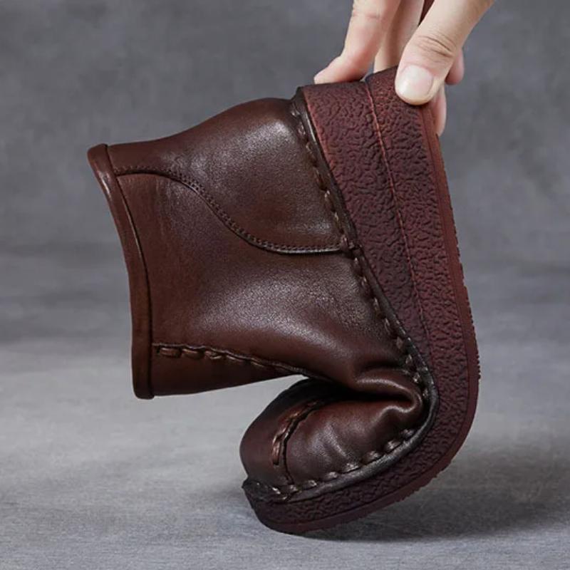 Johnature Retro Soft Soled Wedges Short Boots Genuine Leather Women's Shoes Round Toe Plush Cotton Boots