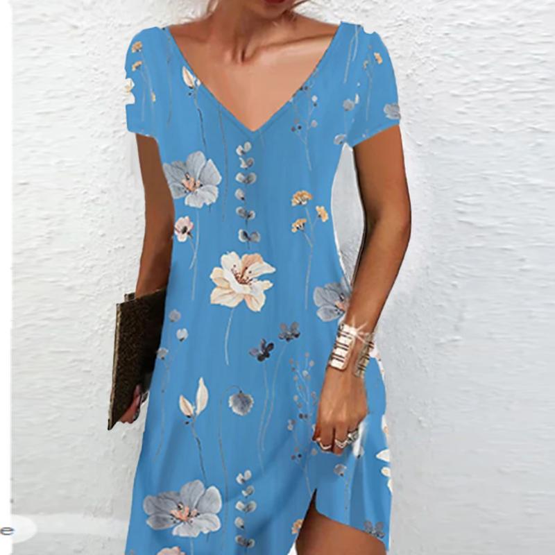 Sommermote Dame V-hals Kort Erme Retro Blomsterprint Kjole Sex Korte Skjørt Kjoler