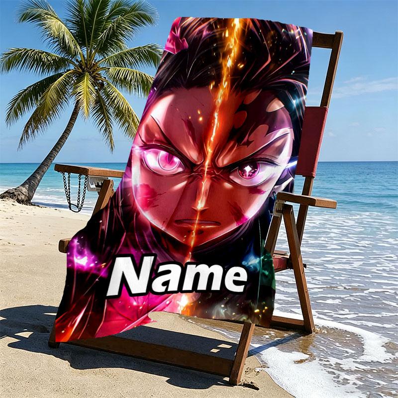 Serviette de plage personnalisée avec nom et motif Demon Slayer, pour Voyage Camping Fête à la plage Décoration de maison, Cadeau d'anniversaire pour la Famille & les Amis