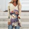 Ladies' Fashionable Casual Christmas Printed T-shirt Long Sleeved V-neck Mid Length Top