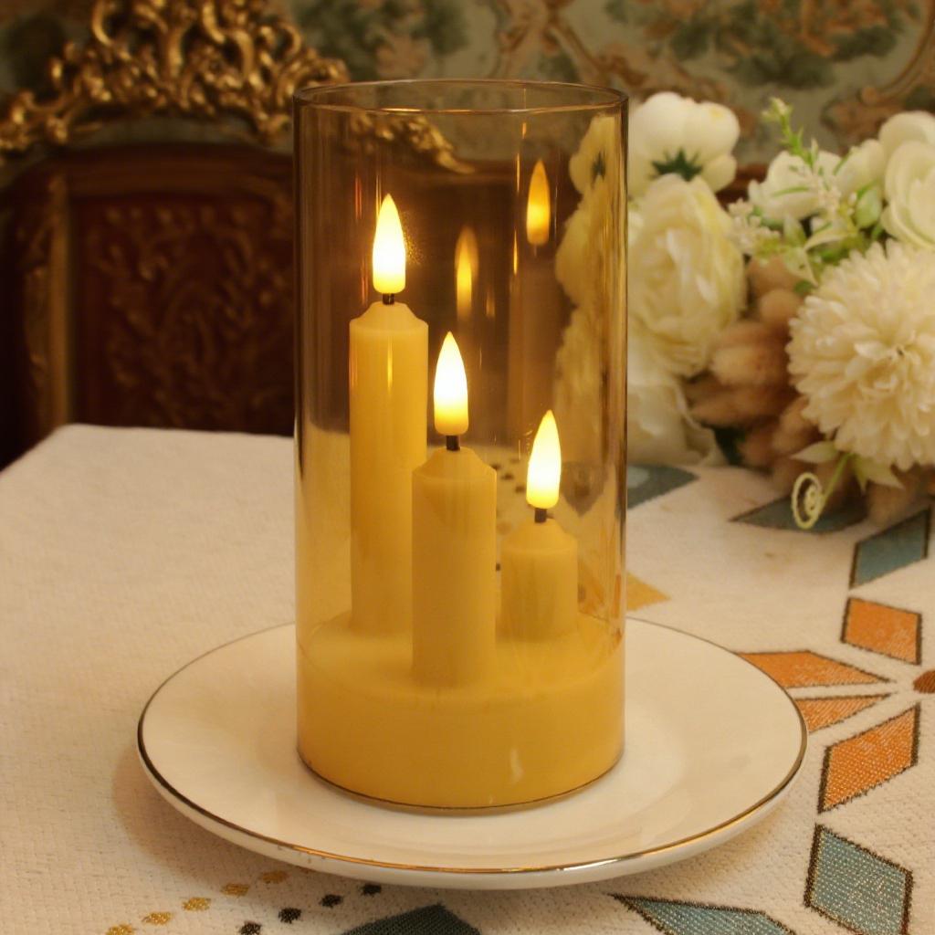 3 in 1 Flameless 5/8/10CM Taper Candles Battery Operated LED Acrylic Pillar Flickering LED Electronic Candles with Lampshade