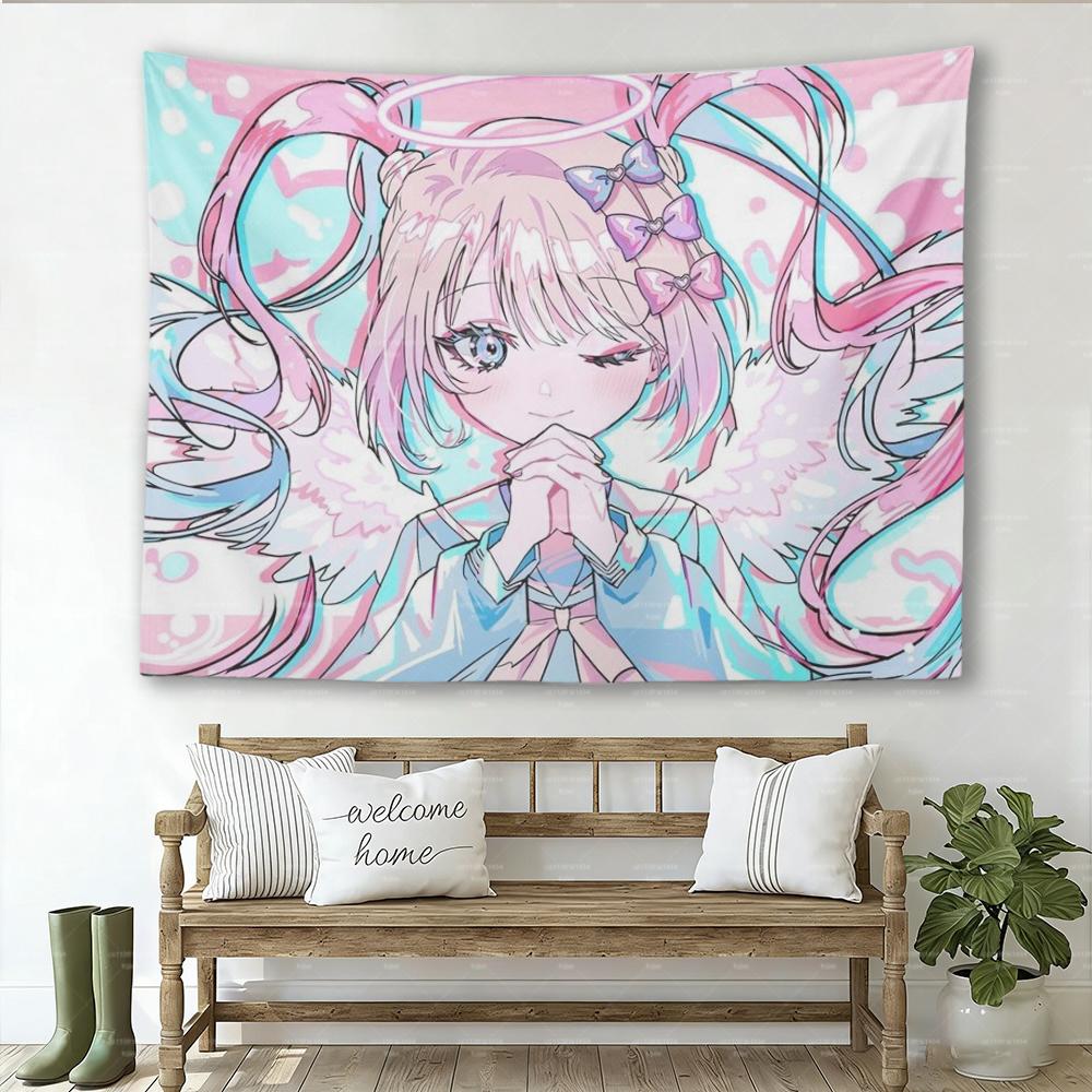 Süßes Anime-Engelsmädchen mit Heiligenschein Flügeln Wandteppich Pastell Goth Wandkunst für Mädchenzimmer Dekoration