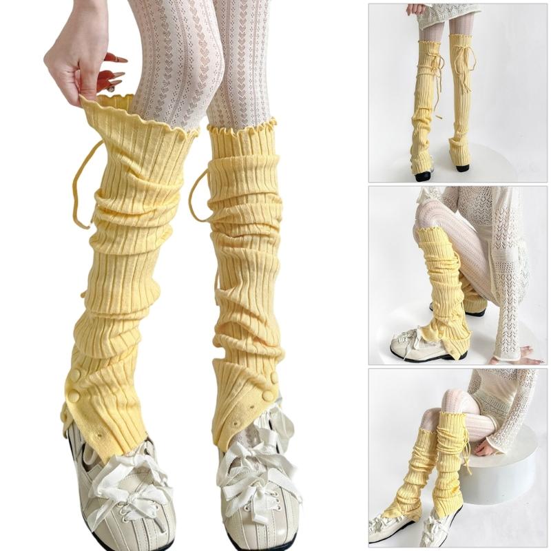 Ribbed Knit Thigh High Footless Long Socks with Button Detail Split Designs Over Knee Leg Warmers for Dance Enthusiasts