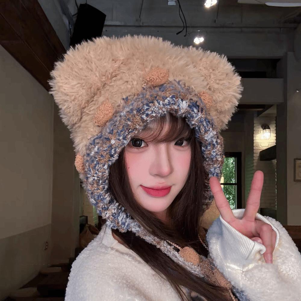 Fluffy Lei Feng Hat Ear Protection Winter Warm Hat Fashion Bear Ear Plush Hat Girls