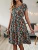 New Summer Floral Print Dress Women Elegant V Neck Short Sleeve Elastic Waist