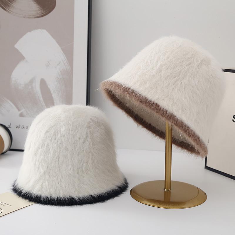 Hatt Dammode Höst och Vinter Ny Bucket Hat Koreansk Stil Färgmatchande Åldersreducerande Kaninhår Fiskarhatt Mångsidig Varm Plyschhatt