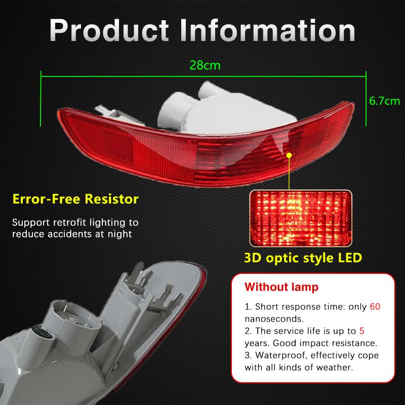 2x For Mitsubishi Outlander CW ZG ZH 2007~2012 Rear Tail Bumper Reflector Light Brake Signal Fog Lamps Red Lens Car Accessories