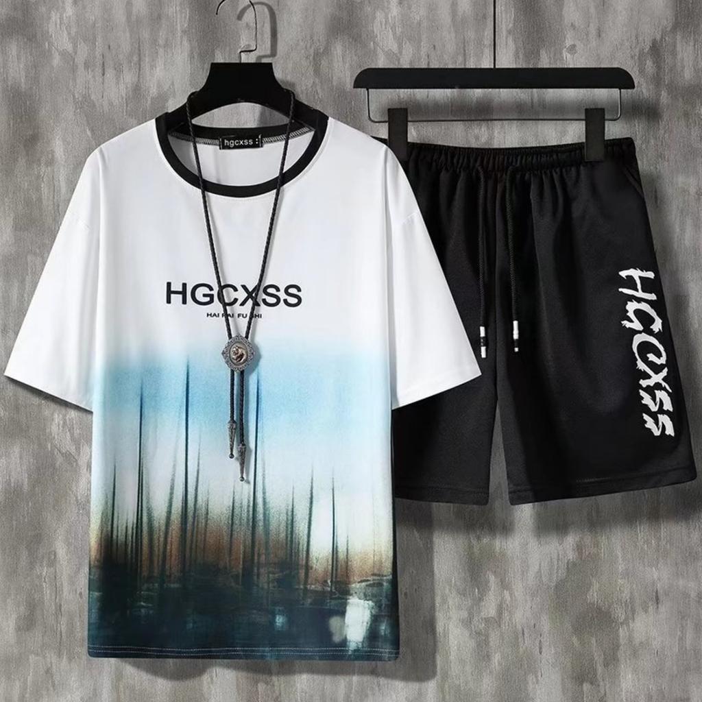 2 casual 3D printed short sleeved T-shirts and shorts set for boys, comfortable summer children's clothing