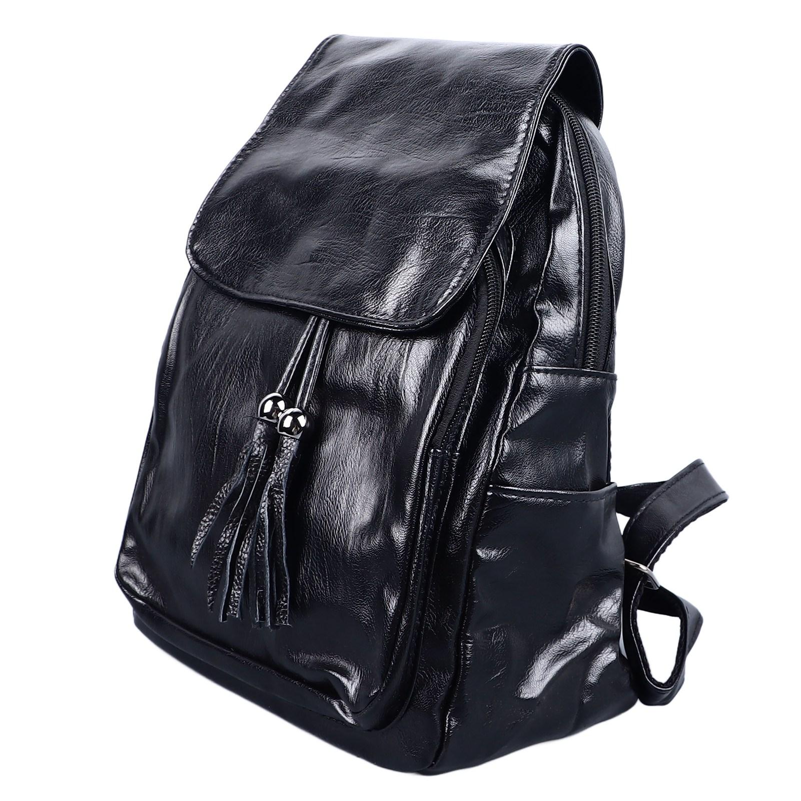 Women Backpack PU Leather Casual Shoulder Bag Large Capacity Fashion Tassel Backpack Student Bookbag Black Free Size