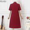 ZANZEA Women Casual Turn Down Collar Summer Short Sleeve Plain Dress