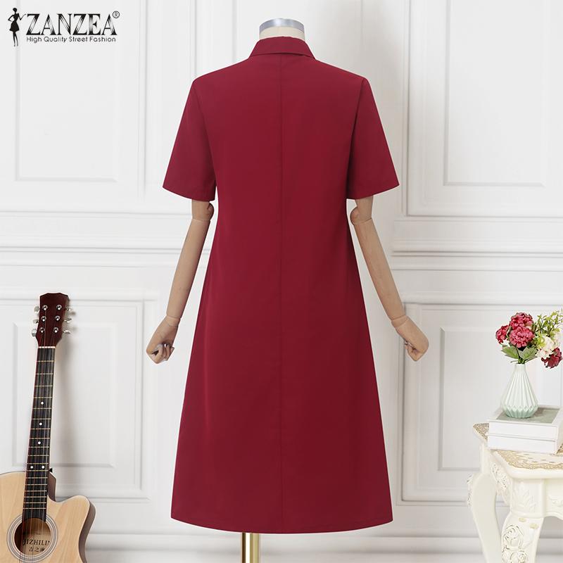 ZANZEA Women Casual Turn Down Collar Summer Short Sleeve Plain Dress