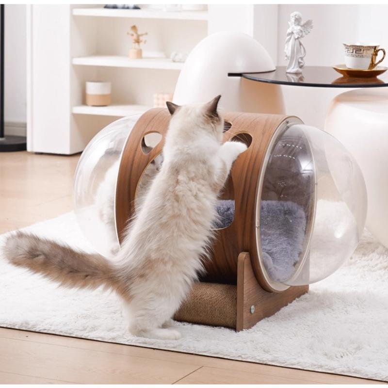 Transparent Cat Bed Acrylic Cat House with Wooden Climbing Frame All-Season Kitty Condo for Indoor Modern Space Capsule Pet Nest