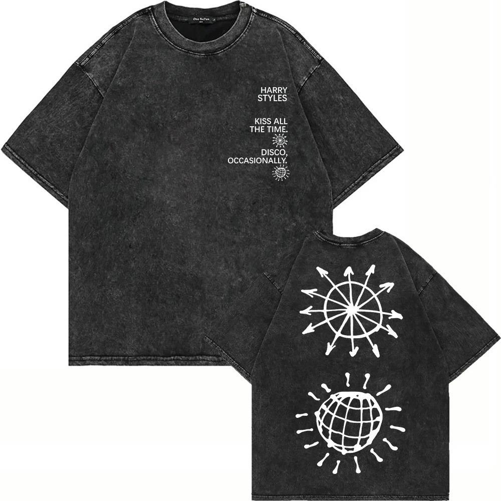 T Shirt Fashion Men Cotton Vintage Washed Kiss All The Time Disco Occasionally Letter Print Oversize Acid Wash Tees Shirts