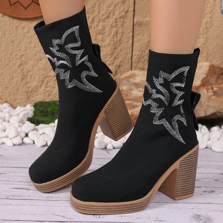 

Large size high heel printed round head fashion women s boots autumn and winter new medium tube but knee women s boots 42 чёрный