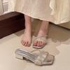 Fashion Shoes Transparent Slippers Slipers Women Square heel Slides Jelly Flip Flops Fashion 2025 Summer Block Glitter Luxury Crystal