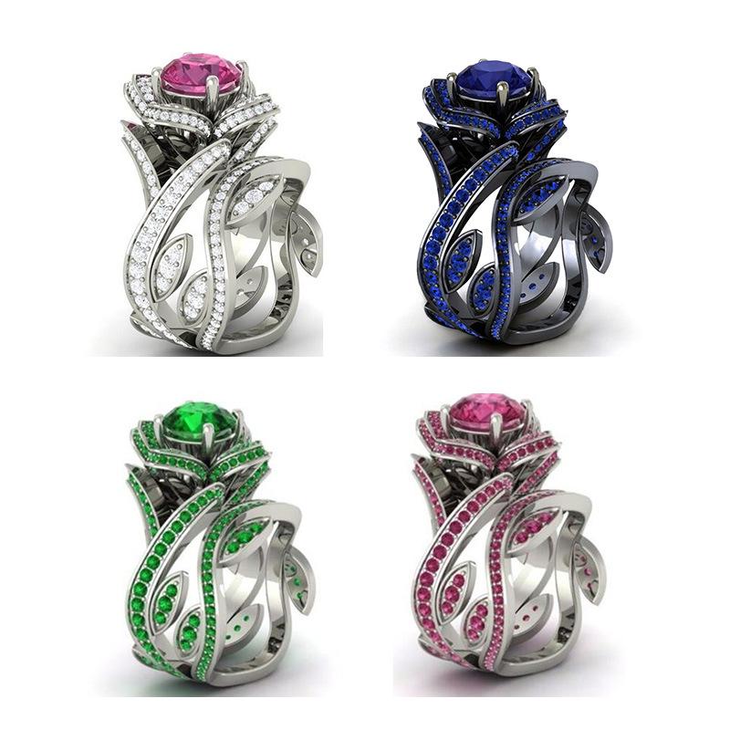 High Quality Women'S Rose Zircon Ring Copper Silver Plated Creative Flower Ring