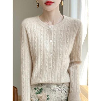 White Cable Knit Cardigan Coat - Women's Korean Slim Fit, Autumn Long Sleeve Sweater