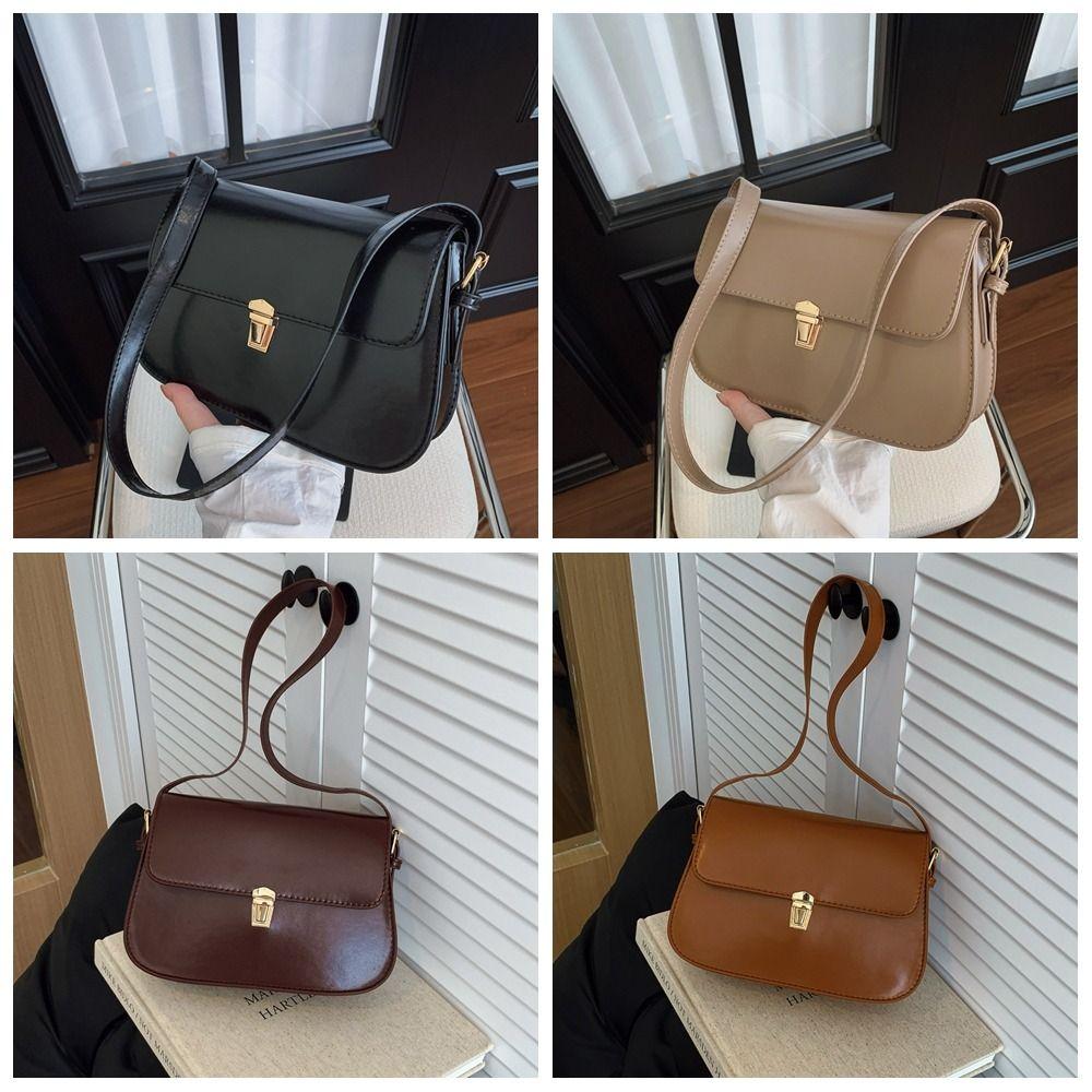 Solid Color Buckle Shoulder Bag Vintage Women's Armpit Bag Portable Retro Underarn Bag  Female