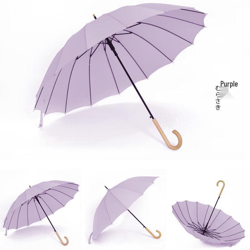 Retro 16-Rib Straight Umbrella with Curved Wooden Handle 23 inch