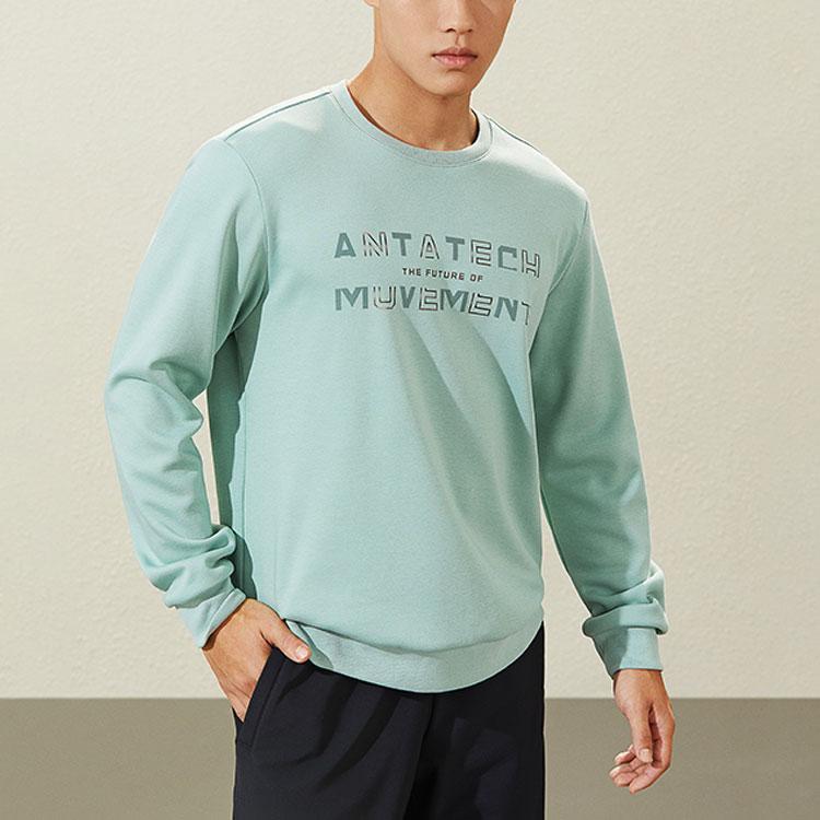 Anta Training Series Solid Color Print Logo Pullover Casual Sport Fleece Sweatshirt Men Tops Green 152247702-2