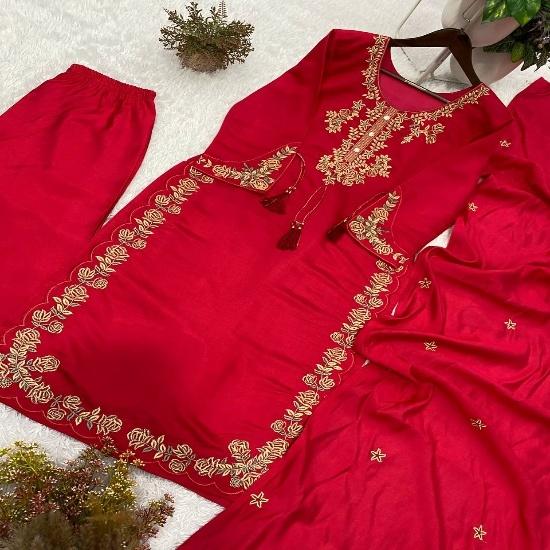 Charismatic Embroidered 3-Piece Silk Straight Kurta Pant Set