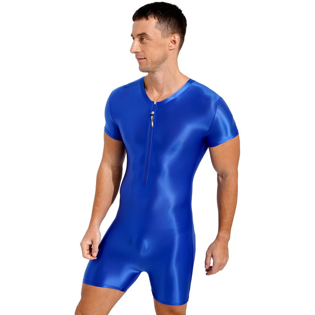 Herren Kurzarm Reißverschluss Jumpsuit Glänzend Dehnbar Rundhals Einteiler Badeanzug