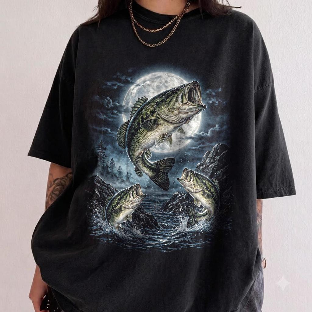 Vintage Largemouth Bass Fishing Comfort Colors Shirt, Retro Moonlight Lake Angler Graphic Tee, Grandpacore Cabin Apparel, Fisherman Dad Gift