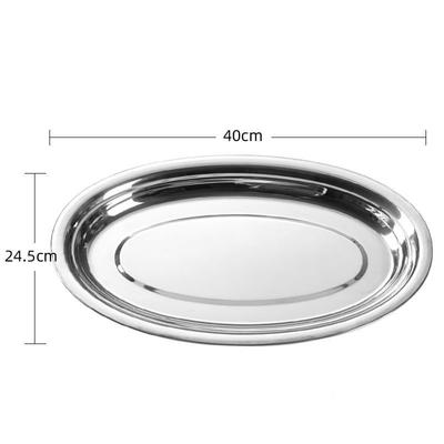 Teller Servierplatte aus Stahl, rostfreier Platte, Tablett, ovales Fischgericht, Abendessen, Metall, Dessert, Lebensmittel, Sushi, Snack, dampfende Obstteller