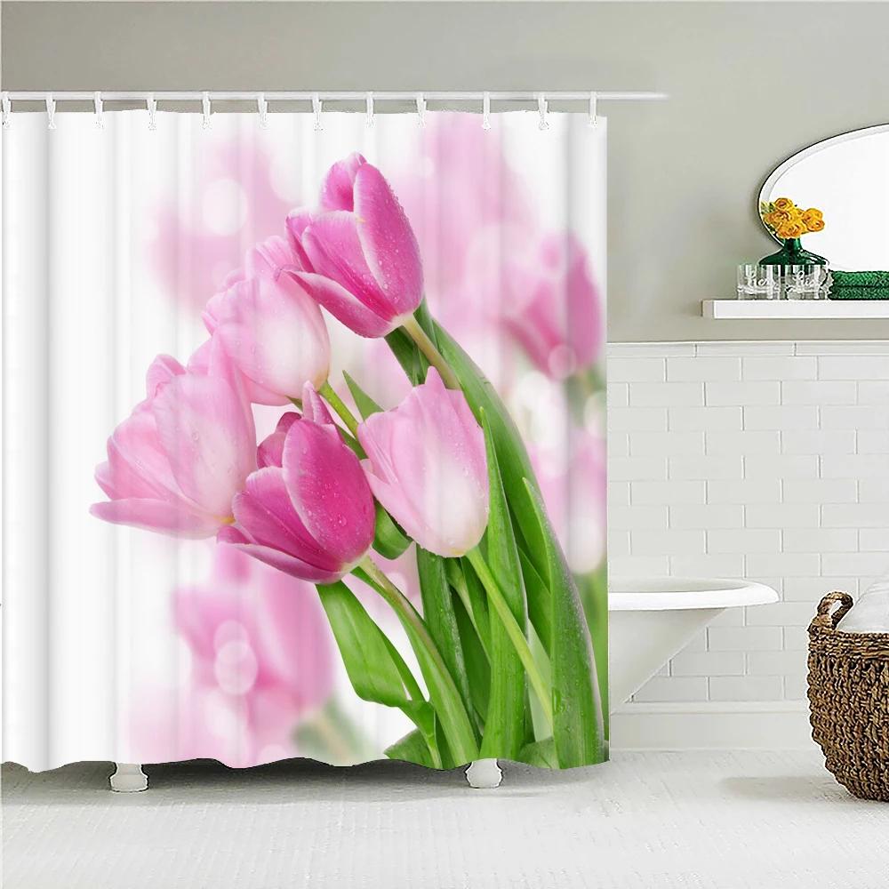 Colorful Tulip Flowers Shower Curtains 3D Beautiful Flower Print Bath Curtain Waterproof Fabric With Hooks Bathroom Decoration