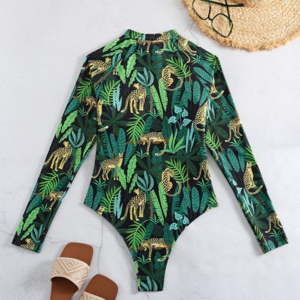 European and American One-piece Swimwear Zipper Bikini Slim Printing Sexy Long-sleeved Swimsuit