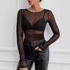 Dames O-hals Top met Lange Mouwen Slim Fit Japanse Doorzichtige Mesh Korte Laagjes T-shirt