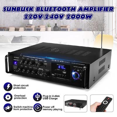 Amplificador de karaokê estéreo Bluetooth 110-230 V 2000 W com suporte para 2 entradas de microfone FM RC AV amplificador de potência