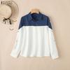 ZANZEA Women Casual Turn Down Collar Long Sleeve Patchwork Blouse