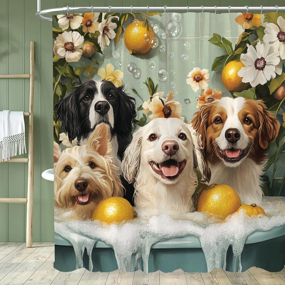 1 piece Cartoon Cat Shower Curtain, Cute Cat and Dog Bathroom Decorative Curtain, Home Printed Polyester Curtain with Hooks