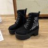 Fashion Punk Goth Women Motorcycle Boots Outdoor Platform High Heels Shoes Woman 2025 New Black Fashion Suede Embroidery Bottes Femmes