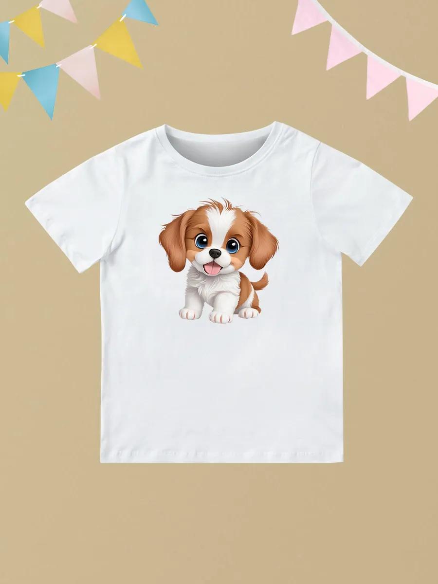 Round Neck Printed Pattern Pullover Short Sleeve Kids Tops Cute Puppy 130